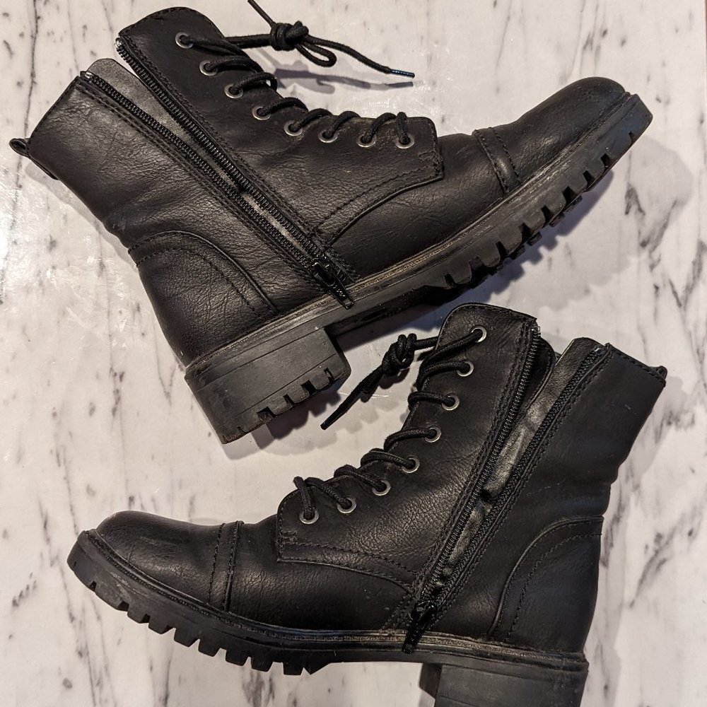 Black Faux Leather Combat Boots